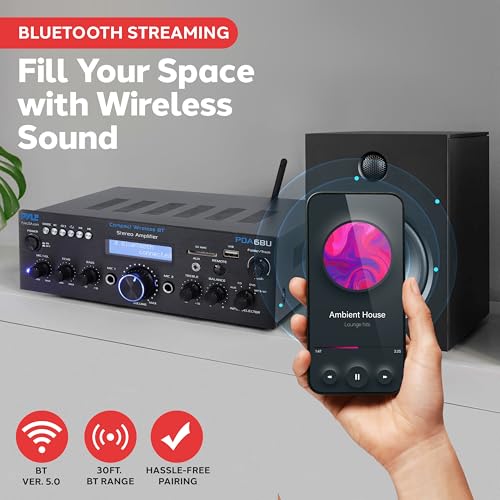 Pyle PDA6BU Wireless Bluetooth Power Amplifier System for Karaoke and Radio with Echo Effect and LCD Display