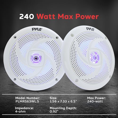 Pyle Low-Profile Waterproof Marine Speakers - White 240W 6.5 Inch 2 Way Outdoor Audio Stereo Sound System with Blue LED