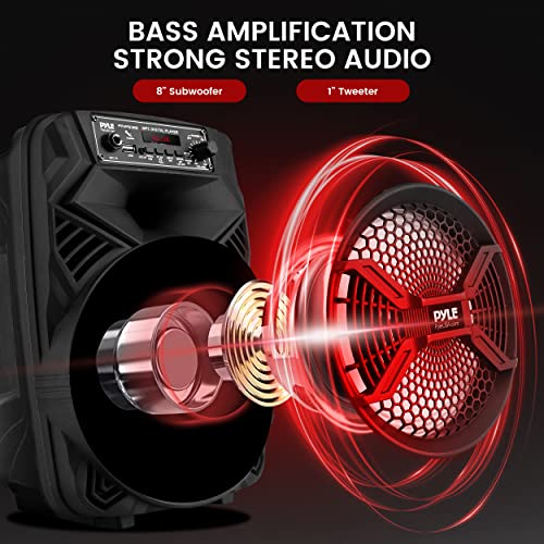 Pyle 8" Portable PA Bluetooth Speaker - Max 300W Power, Rechargeable Battery, Flashing LED Lights, MP3/USB/FM Radio, Aux