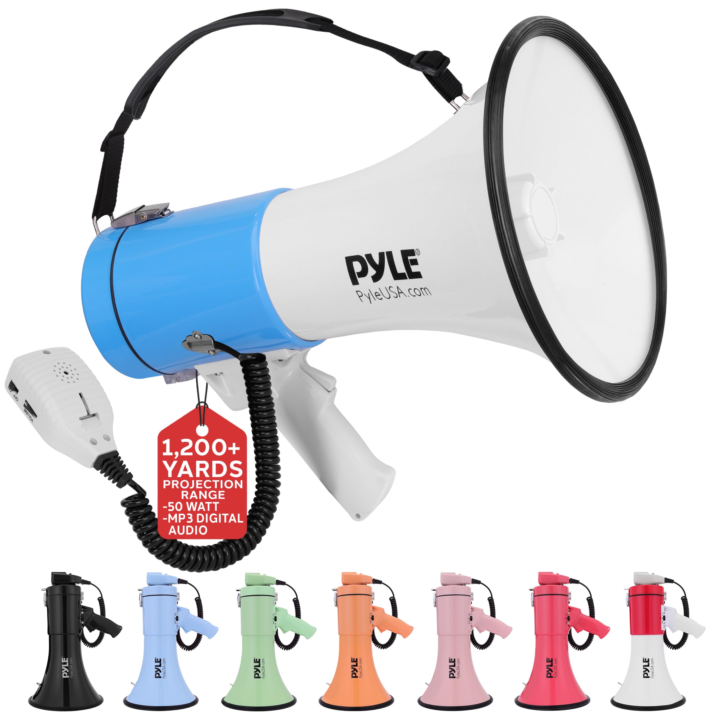 Pyle 50W Megaphone Bullhorn for Outdoor Use - Portable & Adjustable Volume, Siren & Projection Range Up to 1200 Square Y