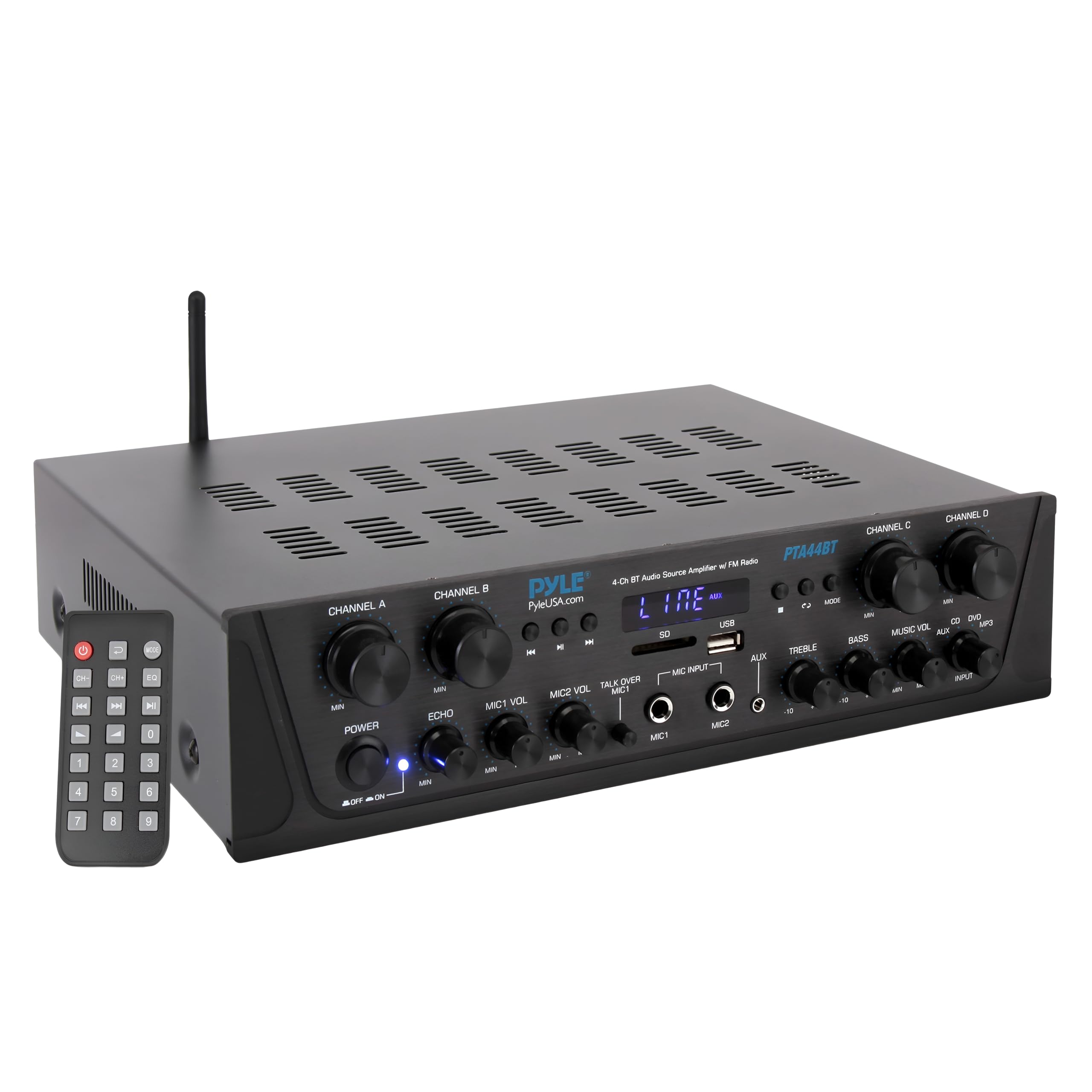 Pyle 500W 4-Channel Karaoke Bluetooth Amplifier - Home Entertainment Audio System with Multiple Connectivity Options for